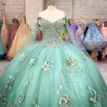 Мятно-зелена бална рокля на Принцеса ANGELSBRIDEP с открити рамене, Кривата на рокли за момичета, бродирани с мъниста Вечерни рокли на знаменитости с 3D цветя