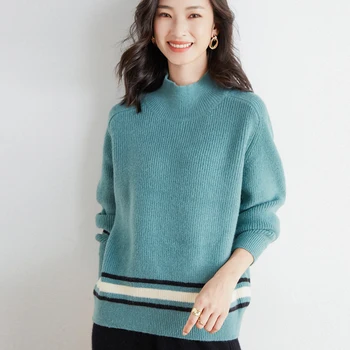 Нов вълнен пуловер, есенно-зимния плътен женски пуловер с дълъг ръкав и полувысоким яка, Модерен случайни вязаный топ от 100% вълна