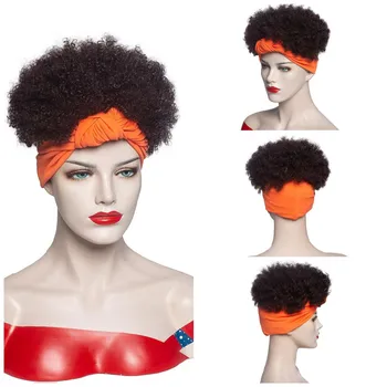 Нов стил от черна изкуствена превръзка на главата с перука, къса афро-къдрава коса с бретон За черни жени, шал от высокотемпературного влакна, Перуки за коса