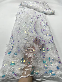 Нова Африканска 3D Лейси Плат с бели Цвете 2023, Висококачествен Гипюровый Кабел, Завързана Материал, Нигерийски Дантелени Платове за Вечерна Рокля