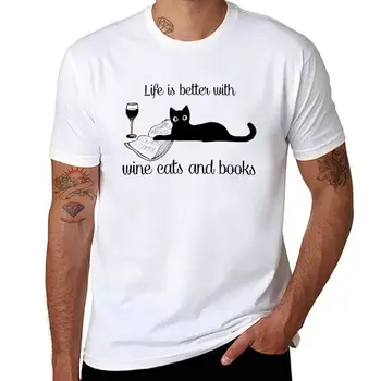 Нова хубава тениска за любителите на котешки вино и книги, тениски с графичен дизайн, тениски с къс ръкав и животните принтом за момчета, мъжки дрехи