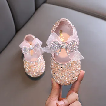 Нови детски кожени обувки с пайети за момичета; фини обувки на Принцесата С кристали и лък; Модерни Детски обувки за сватба