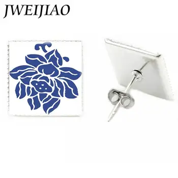 Нови обеци в класически китайски стил, синьо-бял порцелан, цветя модел, художествено изображение, Стъклени Квадратни обеци-карамфил J510