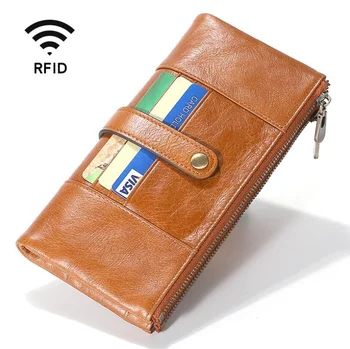 Нови Постъпления RFID Дълъг Портфейл от естествена Кожа За Мъже И Жени с Двоен Цип, Ръчно Карта, в Чантата си за Пари Монети От Естествена Телешка Кожа