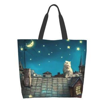 Нощен котка, холщовая чанта-тоут за жени, Сладко коте, Луната, Звездите, Водоустойчиви Кухненски Многократна употреба за хранителни стоки чанти, Големи Ежедневни