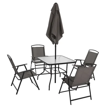 Олбъни Лейн, маса за хранене, комплект за двор в открито от 6 теми, сиво градински мебели
