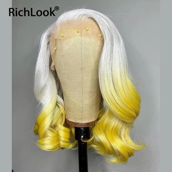 Омбре Жълто 13x4 Прозрачна Дантела пред перука, Обемна вълна, перука от човешки косъм, Бразилски Перуки без Ръкави, човешка коса за cosplay