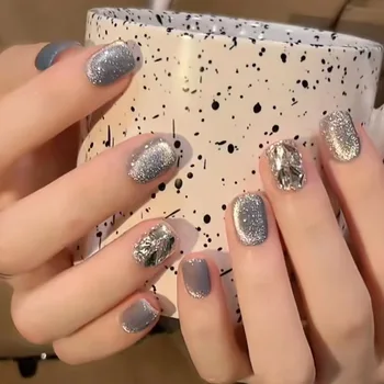 Отгоре на ноктите под формата на звезди, ръчно изработени с кристали, пълно покритие, СИН на Корейски Маникюр, Декорация за Носене на Изкуствени нокти