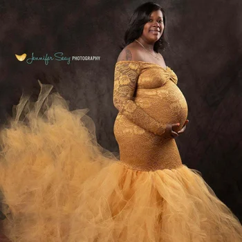 Очарователно рокля за фотосесия за бременни: Секси дантелено сетчатое рокля за бременни с дълъг ръкав