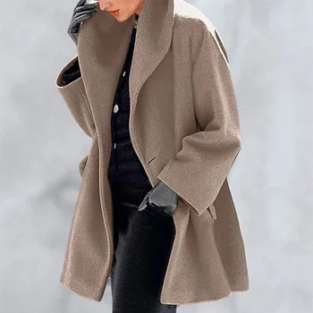 Палто Дамско Есенно-зимно Модно Вълнена топло палто с яка-шал, ежедневното однотонное Свободно Палто с дълги ръкави и ревери