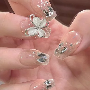 Пеперуди, кристали, Сребърен блясък, Френски Къса режийни ноктите с Т-образна форма, подвижни Готови режийни ноктите, здраво лепило за ноктите