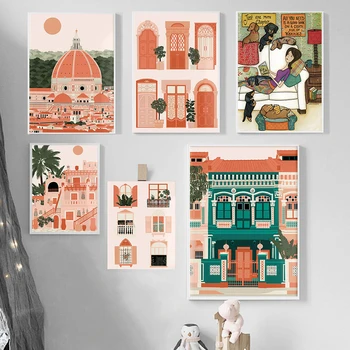 Печат пейзажных плакати Италия Франция Илюстрация на катедралата на флоренция, Ретро Пътуване, Град, Художествена Стена, Къща, Адаптивни