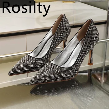 Пикантен дамски обувки на висок ток с декорация във формата на кристали, шикозни дизайнерски вечерни обувки на тънък ток, сватбени обувки за булката, дамски обувки-лодка без закопчалка, за подиум
