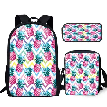 Плодов ананас, цветен принт на ивици, 3 бр., набор от училищни чанти за тийнейджъри, Раница за лаптоп, Студентски случайни раница за учебници