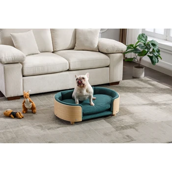 Повдигнати легло за кучета в скандинавски стил, разтегателен за домашни любимци с крака от масивно дърво и гнутой дървена облегалка, кадифе възглавница, среден размер, тъмно зелен
