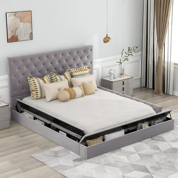 Подложка размер Queen Size, нисък профил легло-платформа за съхранение и места за съхранение на двете страни и подножкой, сив