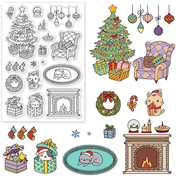 Прозрачни печати с коледните тематичен модел, Коледно дърво/камина/подарък/Коледни чорапи/Фигура котки, прозрачни гумени печати за пощенски картички