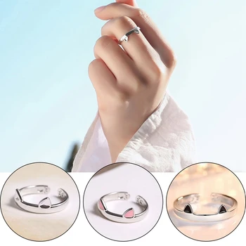 Проста мультяшная формата на ухото, Геометрични пръстени сребрист цвят, Сладък дамски пръстени с животни, Бижута, Откриващи Пръстени, подарък за парти