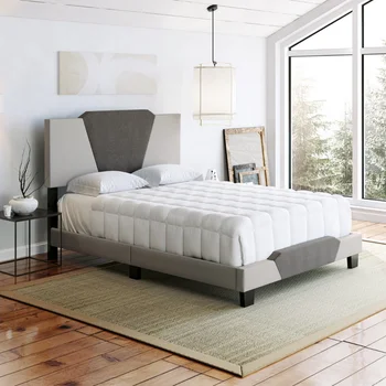 Рамка на легло на платформата от лен Boyd Sleep Tuscany с геометрична тапицерия кафяви и тъмно-сив цвят