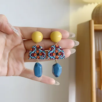 Ретро Сладки обеци в формата на жълти и сини кръгове, акрилни бижута с неправилна форма, аксесоари, подаръци за момичета, Геометрични висящи обеци за жени