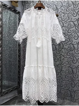 Рокля от 100% памук, лятна рокля Хит на продажбите 2023, Висококачествено Женствена Рокля с отворен бродерия, Къс ръкав с дължина до средата на прасците, Бяла рокля