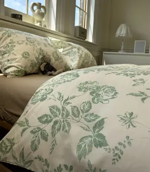 Романтична пасторальный цвете зелен комплект спално бельо, близнак пълна кралицата на ретро селски памук домашен текстил чаршаф калъфка стеганое одеяло