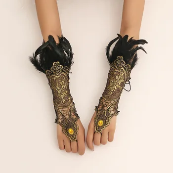Ръкавици в готически стил steampunk с бродерия от пера, Реколта аксесоари в стил гръндж, Женски Сватбени аксесоари, белезници за ръце в стил аниме