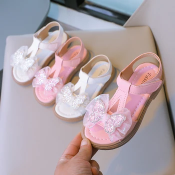 Сандали за момичета; колекция 2023 г.; Детска мода лято новост; Мек розов скъпа обувки принцеса с пеперуди; Ежедневни обувки без закопчалка