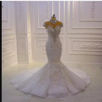 Сватбена рокля на Африканската Русалка с високо воротом, Кристали, кристали, сватбени рокли с 3D цветен аппликацией, Струята с отворен гръб