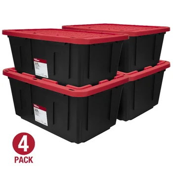 Сверхпрочный пластмасов контейнер за съхранение с защелкивающейся капак с капацитет 27 литра, черно с червен капак, комплект от 4 броя