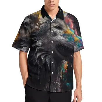 Свободна риза Wolf, мъжки плажни ежедневни ризи с течен вълна, Хавайски ризи по поръчка с къс ръкав, Стръмни блузи голям размер