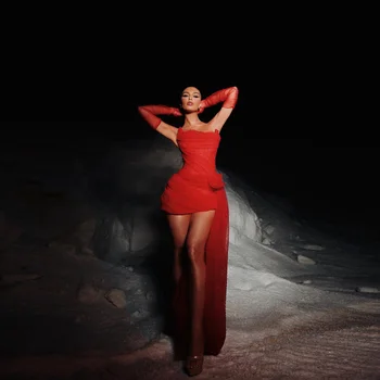 Секси Червени прозрачни рокли от тюл без презрамки, плиссированное рокля с илюзията Русалки Без ръкавици, мрежести рокли с дълъг влак
