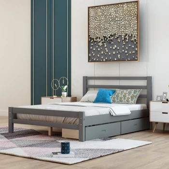Сива легло-платформа от едно дърво с две чекмеджета, лесно монтируемая за мебели за спалня на закрито