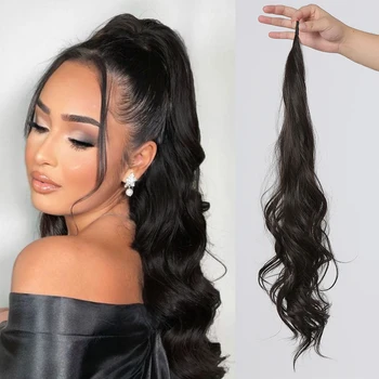 Синтетичен дълга гъвкава връзка за удължаване на косата във формата на конска опашка за жени, черен Натурален Вълнообразни перука във вид на конска опашка за ежедневна употреба