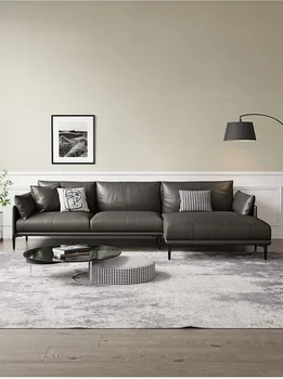 Скандинавски кожен диван за малък апартамент, светъл луксозен модерен минималистичен диван, италиански права редица, три на мека мебел за дневна
