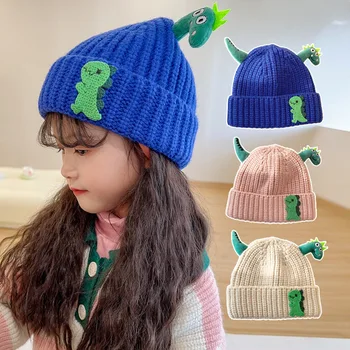 Сладко Детска вязаная шапка с динозавром, Зимно-есенна шапчица-бини за деца, Улични Топли Мультяшные детски шапки за момчета и момичета, качулка