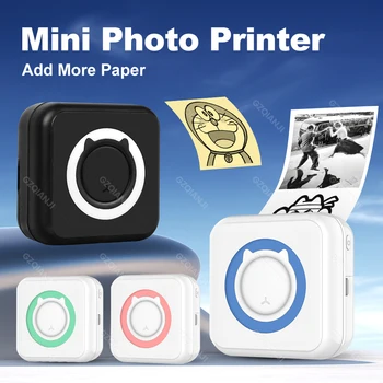 Снимка Преносим мини принтер Bluetooth, Самозалепващи етикети, без мастило, хартия 58 мм, 200 dpi, Джобен принтер за Android, IOS, печат за пътуване