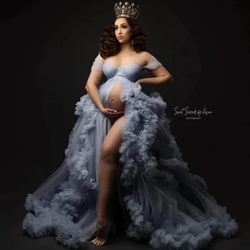 Сребристи Буйни халати за фотосесии на бременни жени, тюлевый дреха за бременни, женствена рокля, детски рокли за душата, Снимка по поръчка