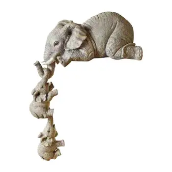Статуя на слон, Украса от смола, Сладка гледане на деца-слон, Ръчно рисувани, Фигурки на Майката-Слонихи, 2 Фигурки бебета, Късмет