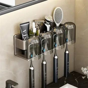 Стенен държач за четка за зъби алуминиева сплав, Поставка за паста за зъби, Спестяване на пространство в банята, аксесоари за баня без перфорация