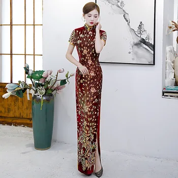 Традиционното женско велюровое рокля с бродерии, пайети, китайското рокля Чонсам, Елегантна жена винтажное бархатное Ципао размер Оверсайз 5XL