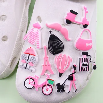 Търговия на едро с 50 бр. висулки за обувки от PVC, Розова Модерни Обувки За Момичета, Велосипедна Въртележката, Аксесоари за тапочек, Украса за обувки За бебе, подарък Croc Jibz