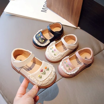 Универсална Мека Детски Кожени обувки с цветна Бродерия за момичета във френски стил, Скъпа Лейси обувки за деца в стил Лолита