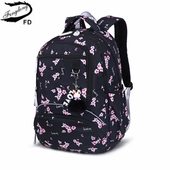 Училищен раница Fengdong Cherry blossoms за жени, черна и розова чанта за книги с цветен модел, ученически чанти за момичета, скъпа чанта за книги с цветен модел