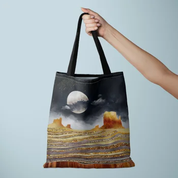 Холщовая чанта с принтом Супер Луната, женската чанта-тоут, чанта през рамо, многофункционална чанта за пазаруване