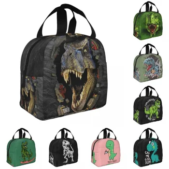 Чанта за обяд с хубав принтом динозавър за жени, преносим изолиран охладител, термален обяд-бокс за хранене, работни ученически пътни чанти за пикник