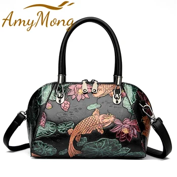 Чанта през рамо в Китайски стил Fortune Fish, Дамски чанти Голям капацитет, Луксозни Дизайнерски дамски чанти през рамо от изкуствена кожа