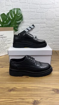 Черна кожена обувки с кръгло бомбе на дебела подметка в британския стил, Работна ръчно изработени обувки, Ежедневни и официални обувки-oxfords, мъжки обувки дантела A232