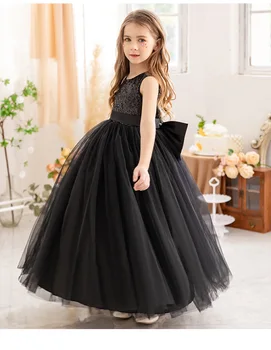 Черна рокля с цветя модел за момичета, Сватбен лък, Пайети, Пухкав тюл, Подарък за Първо Причастие за рожден Ден, Сватба Мечта за деца